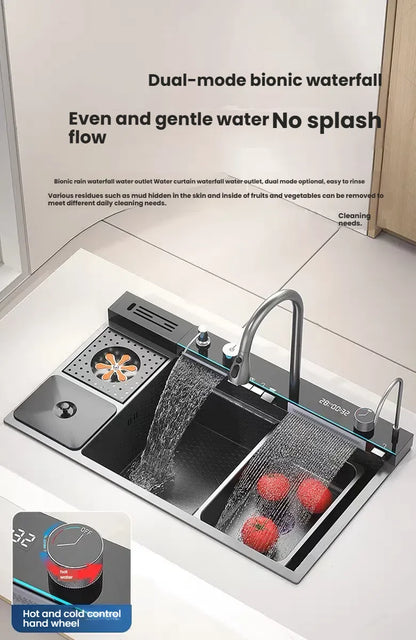 Smart Digital Display Waterfall Faucet Kitchen Sink With Knife Holder and Trash Can Household Wash Dish Basin Large Single Slot
