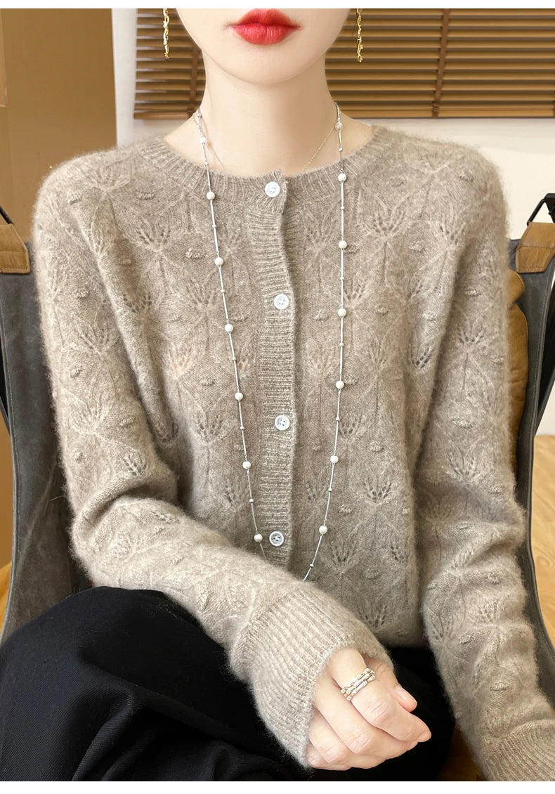 2024 Autumn And Winter New Round Neck Hollowed Out 100 Wool Knitted Cardigan Women's Versatile Coat Loose Casual Sweater DMR281