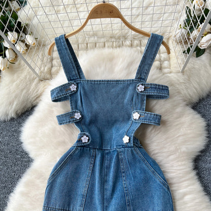 Jumpsuits Women Denim Suspender Jeans One Piece Wide Leg Pants Washed Mom Distressed Pockets Trousers Summer 2025 Streetwear.