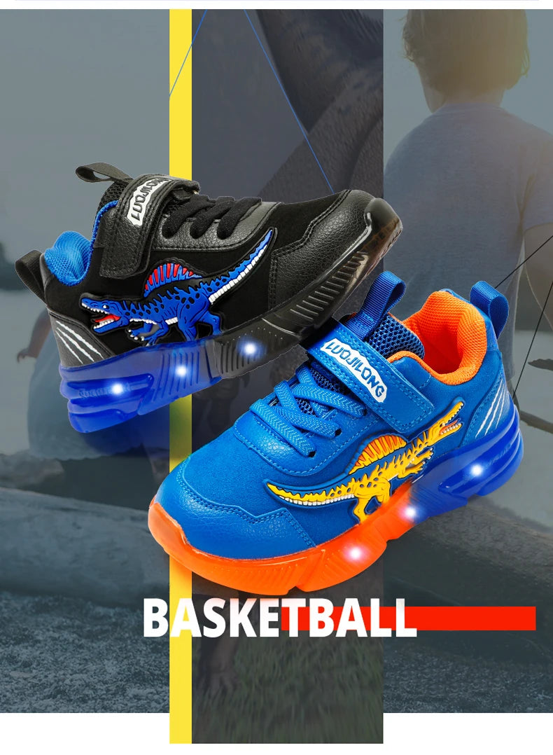 EXDINO Dinosaur Little Kids Spring Autumn LED Light Up Shoes Children Spinosaurus Boys Glowing Casual Sports Sneakers Non-slip.