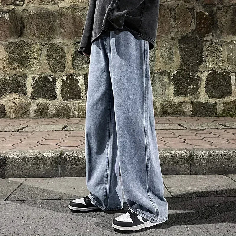 2024 New Streetwear Loose Jeans Men Korean Style Fashion Loose Straight Wide Leg Pants Men's Brand Clothing Black Light Blue.