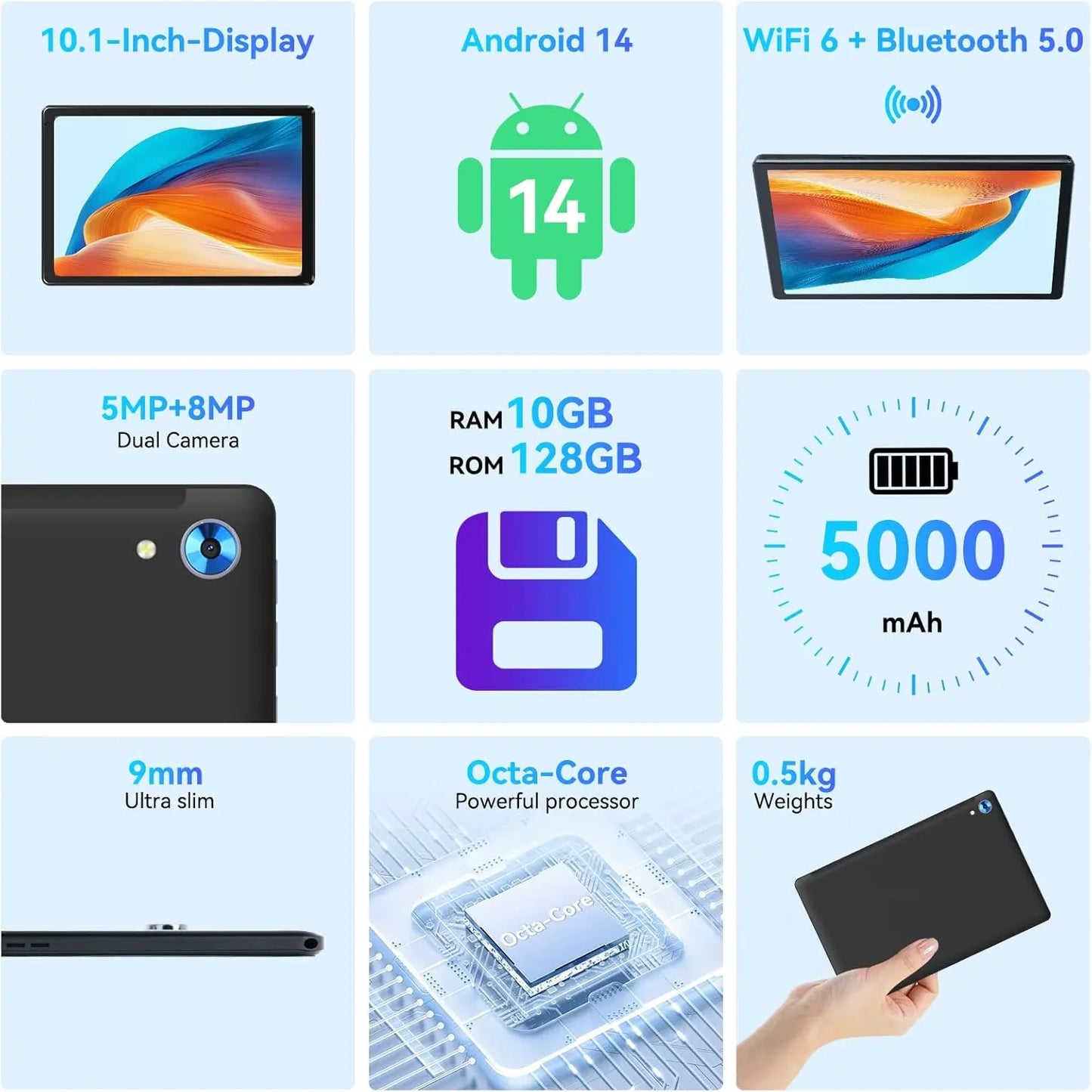 URAO C109 10 Inch Tablet Android 15 Tablet PC 24GB RAM 128GB ROM 1TB Expand Octa-Core Processor Widevine L1 Dual Camera BT WiFi.