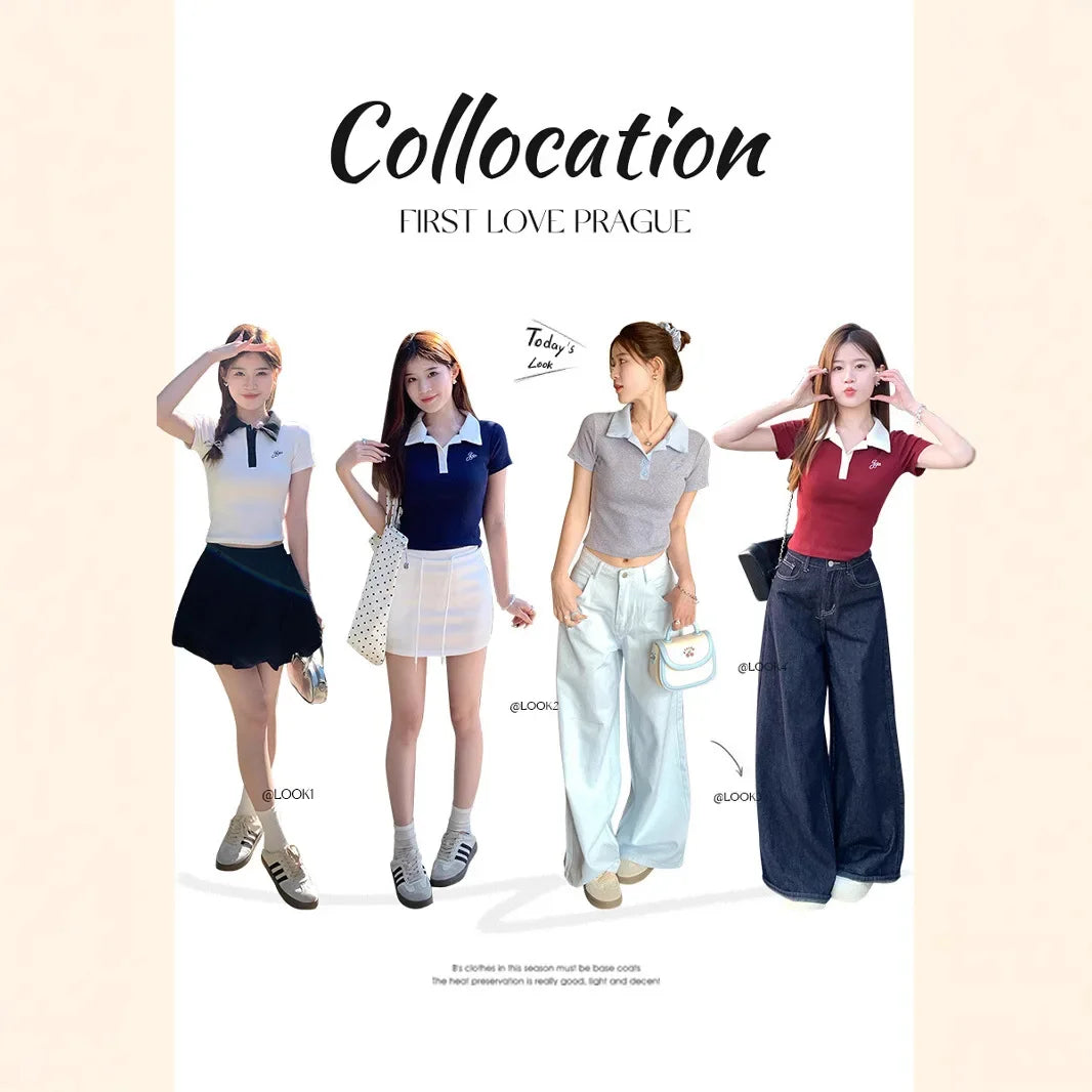 Women's Slim Fit Short Sleeve Polo Shirt Summer New Color Collision Design Red T-Shirt Top Fashionable Casual Business Wear.