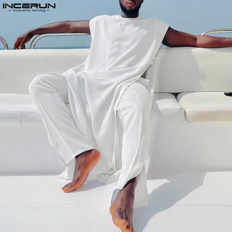 INCERUN Men Sets Muslim Clothing Saudi Arabia Solid O-neck Sleeveless Kaftan Jubba Thobe & Pants 2PCS 2024 Islamic Men's Suits.