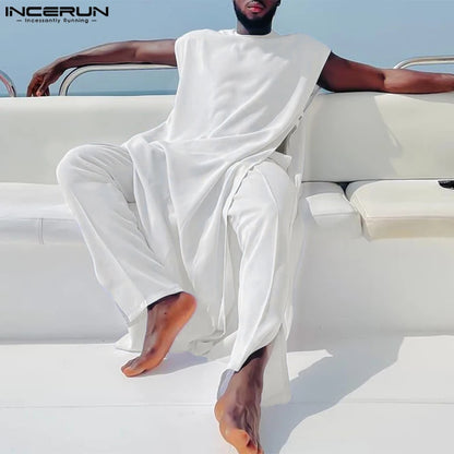 INCERUN Men Sets Muslim Clothing Saudi Arabia Solid O-neck Sleeveless Kaftan Jubba Thobe & Pants 2PCS 2024 Islamic Men's Suits.