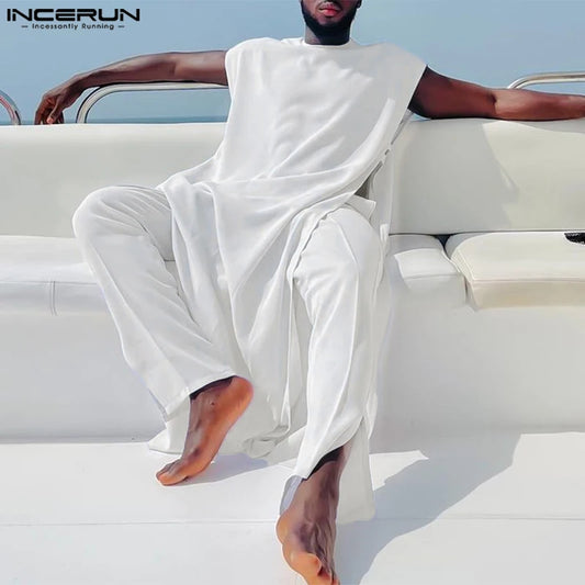 INCERUN Men Sets Muslim Clothing Saudi Arabia Solid O-neck Sleeveless Kaftan Jubba Thobe & Pants 2PCS 2024 Islamic Men's Suits.