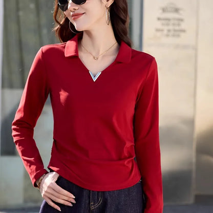 Korean version wine red long sleeved T-shirt for women in spring and autumn, new high-end fashion plus size lapel casual top
