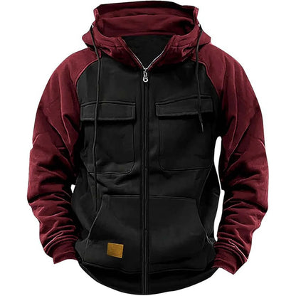 Autumn Winter Hoodies Men Zipper Patchwork Warm Fleece Sweatshirts Multi Pockets Male Fashion Hooded Jacket Thick Outdoor Hoodie.