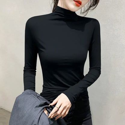 Schwarz Rollkragen T-shirt Langarm Tops Frauen Y2k Kleidung Herbst Winter Koreanische Mode Modale Elegante T-shirts für Frauen 2024