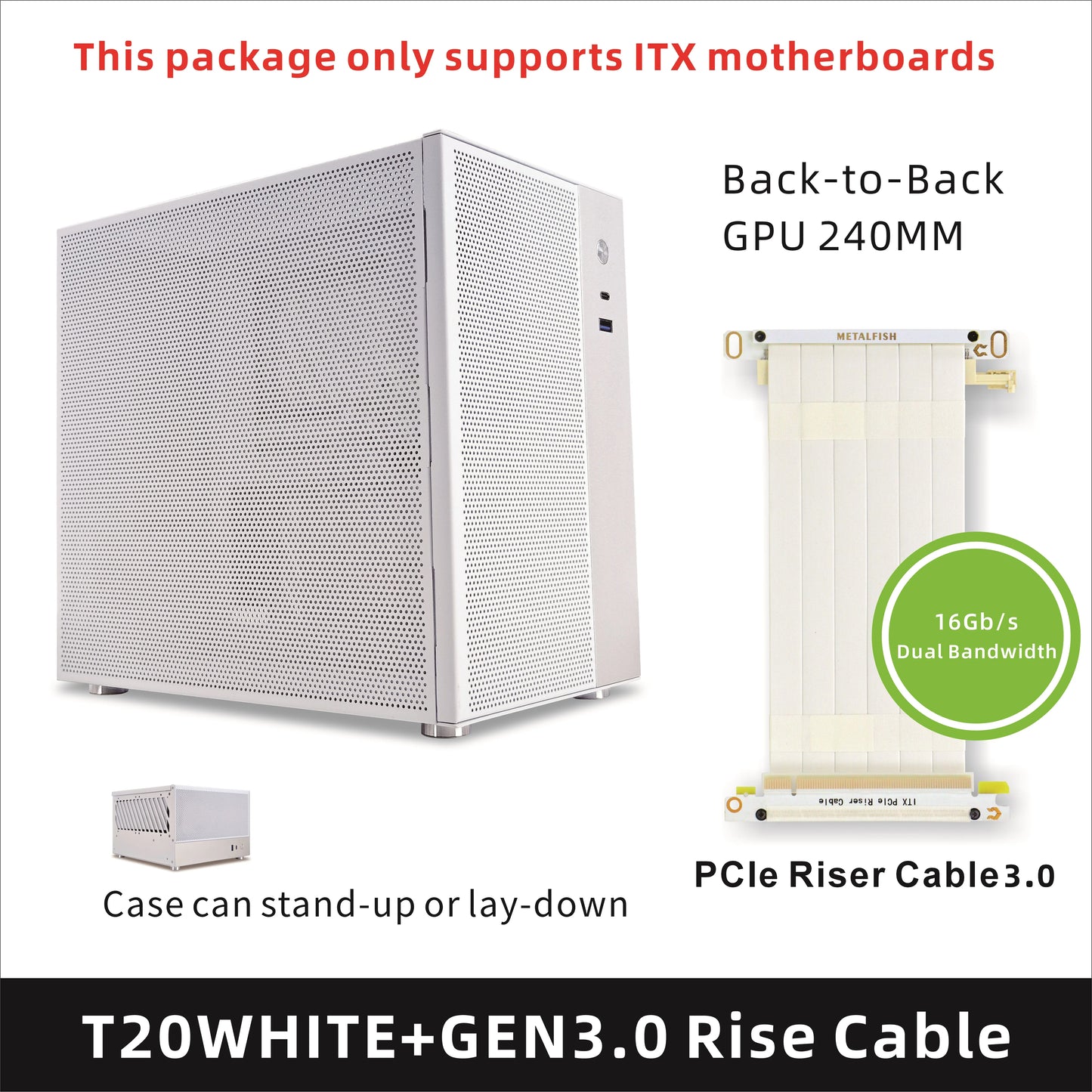 METALFISH T20 Mini ITX Case 9L Gaming Computer White Chassis Compact PC Support Flex PSU/100mm Cooler/180Liquid Cooler/240mm GPU