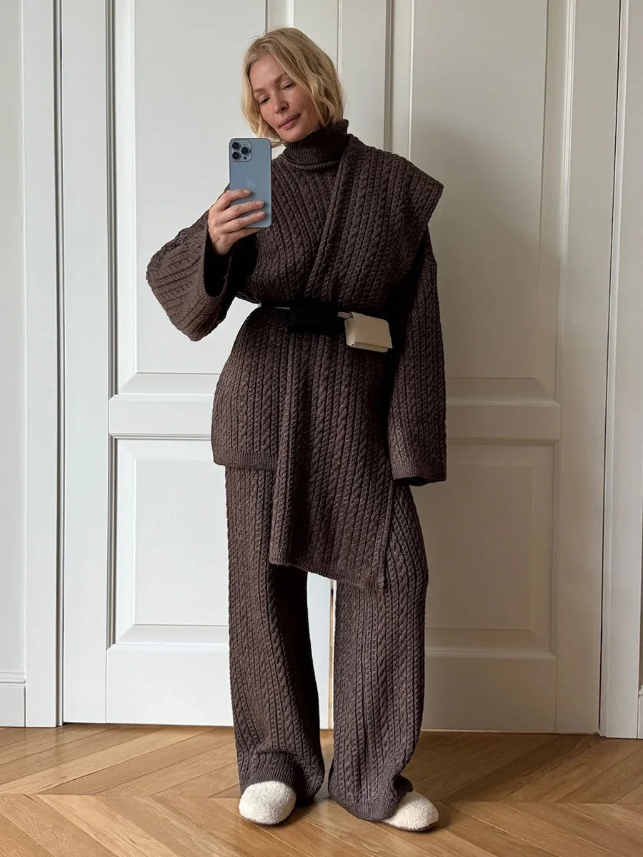 Bornladies Herbst Winter Mode frauen Neue Zopfmuster Pullover Breite Bein Hosen Set Weiche Wolle Mischung Lose Fit High Neck Pullover