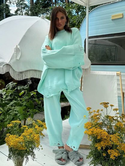 Two Piece Ripped Set Women Knit Tracksuits O Neck Long Sleeve Casual Baggy Sweatshirts+ Joggers Pants Outfits 2025 Fall Winter