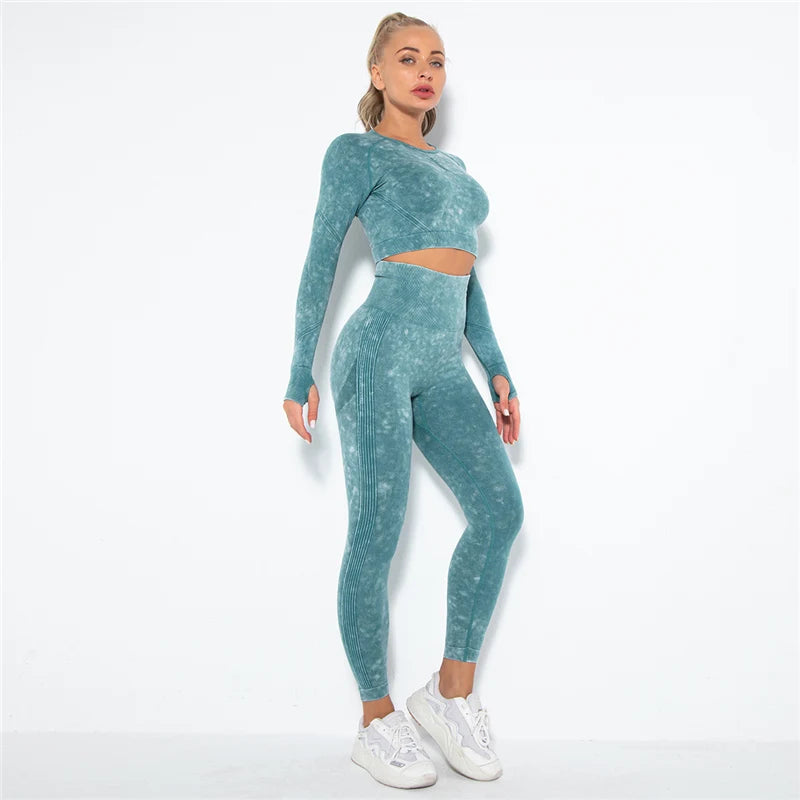 Women Seamless Yoga Set Fitness Sports Suits Gym Clothing Long Sleeve Crop Top Shirts High Waist Running Leggings Workout Pants.