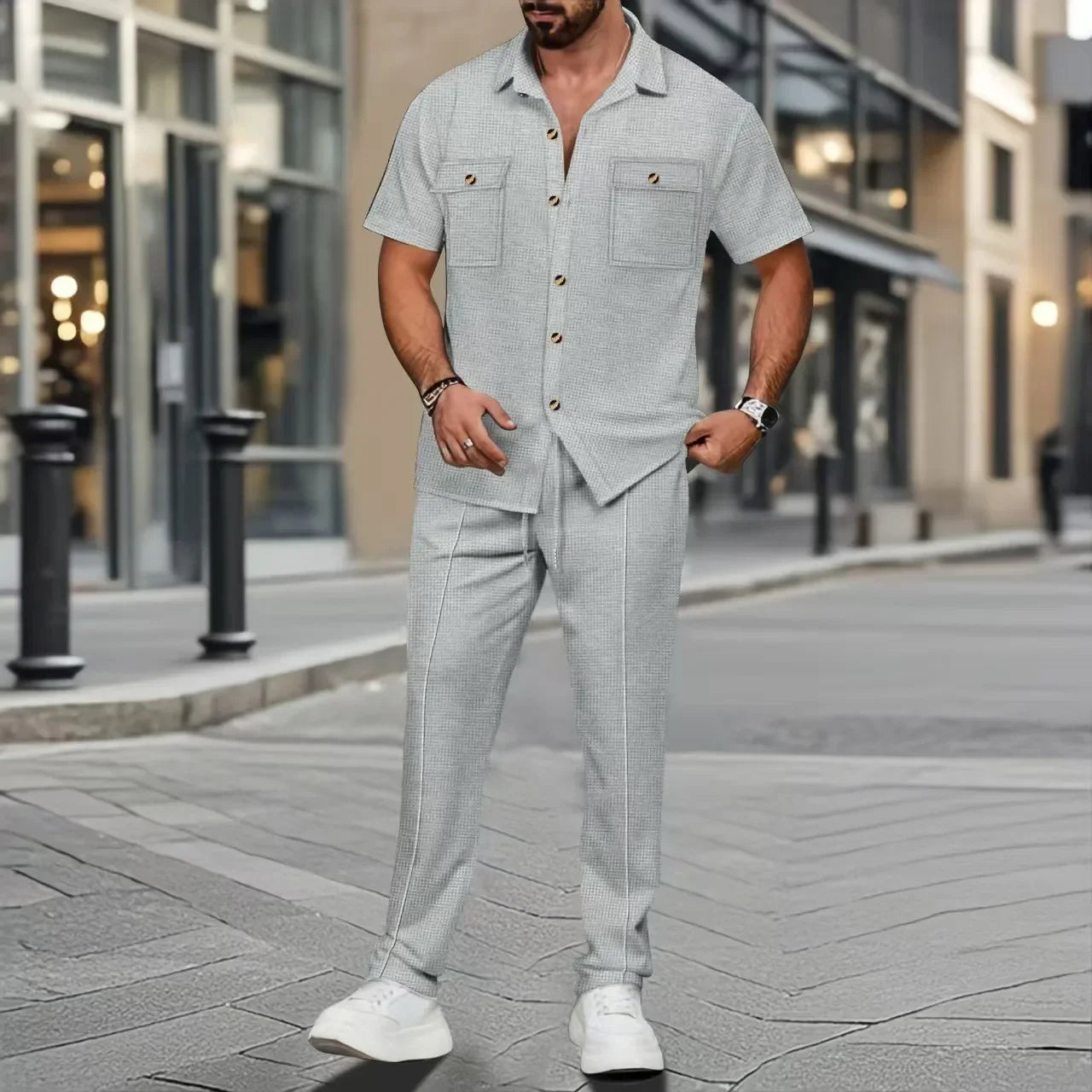 Men's Summer New Pure Color Button Pocket Shirt Short Sleeve Long Pants Two-Piece Set Independent Station Cross-Border.