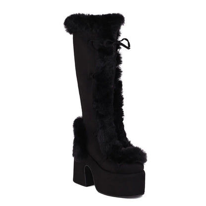 GIGIFOX Fur Super Chunky High Heel Platform Mid-Calf Boots For Women Faux Suede Round Toe Side Zipper Lace-Up Warm Casaul Boots.