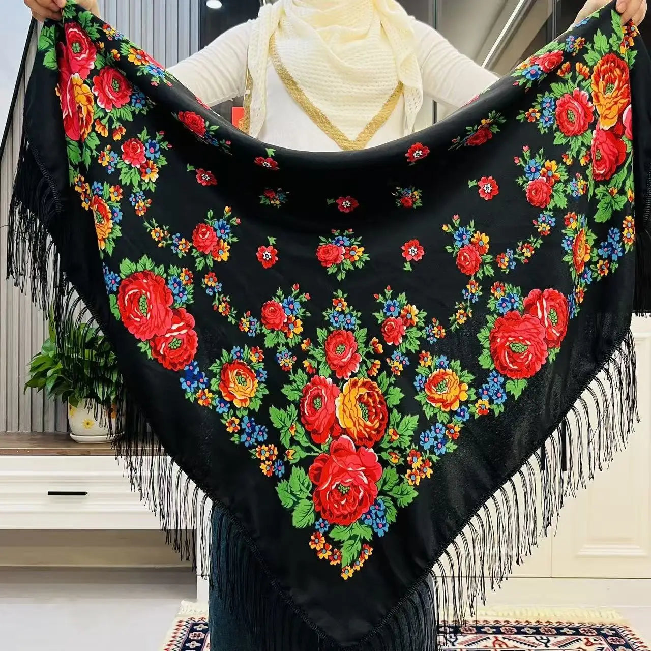 120*120cm Russian National Square Scarf Women Luxury Floral Print Fringed Ukrainian Shawls Scarves Ladies Head Wraps Bandana.