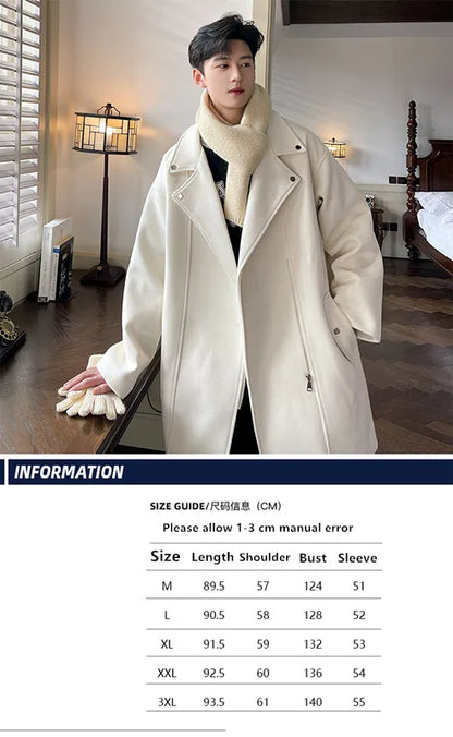 Winter Fashion Woolen Dust Coats Men Zipper Decor High Quality Korean Style Loose Casual Windbreaker Men's Thick Warm Trenchcoat.