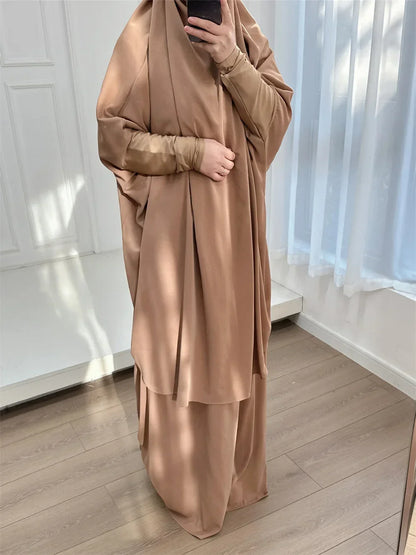 16 Colors 2 Pcs Set Ramadan Eid Modest Abaya Women Muslim Dress Hijab Suit Kaftan Robe Femme Musulmane Islam Caftan Kebaya Sets.