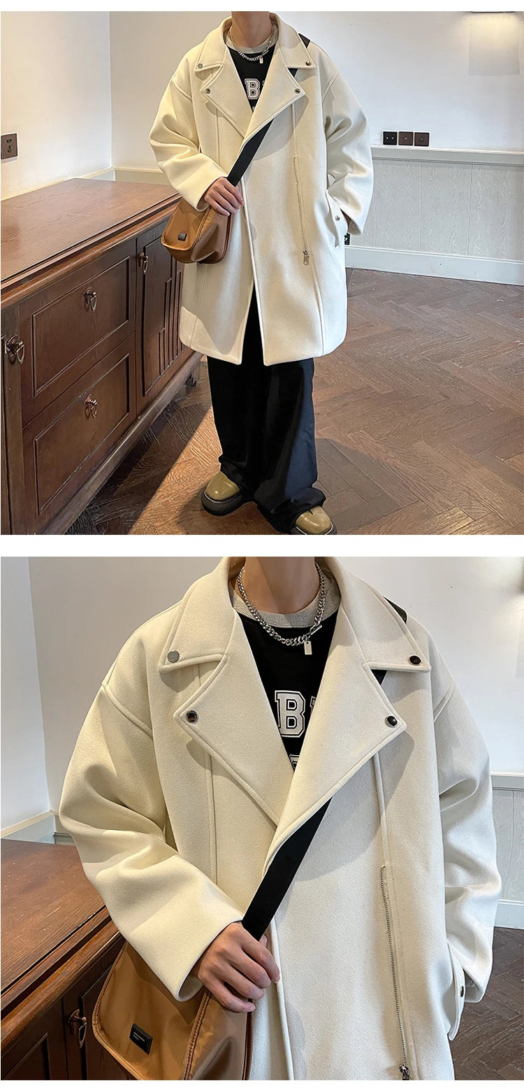 Winter Fashion Woolen Dust Coats Men Zipper Decor High Quality Korean Style Loose Casual Windbreaker Men's Thick Warm Trenchcoat.