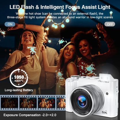 5K 64MP WiFi Digital Camera, 6X Optical Zoom, 30FPS Vlogging Camera, Rear & Front Cameras for Photography and Video, 64GB Card.
