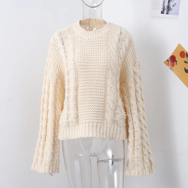 Casual Twists Stricken Oversize-Pullover Frauen Oansatz Lange Flare Hülse Lose Solide Pullover 2025, Herbst Winter Vintage Pullover