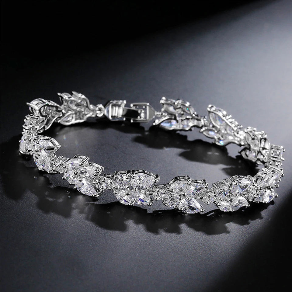 ZAKOL Luxury AAA Cubic Zirconia Wedding Bracelets for Women High Quality White Gold Color Leaf Charm Bracelet Bangles.