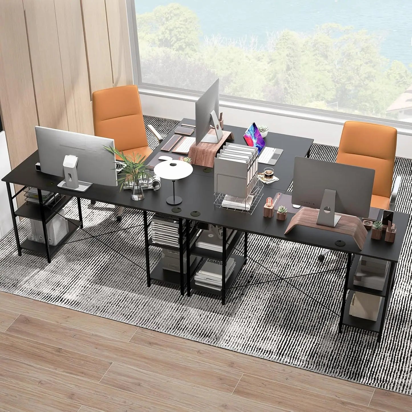 L-förmiger Schreibtisch Computertisch mit Regal, großer Arbeitsplatz, Home Office Gaming Tisch, höhenverstellbar, Schwarz