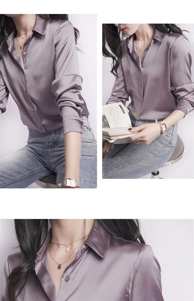 Spring Summer Casual Women's Satin Shirt Lapel Long Sleeve Blouse Loose Solid Color Office Lady Fashion Shirts Top.