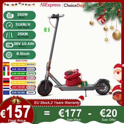 JUICEASE E1 Electric Scooter 36V 10.4Ah Battery 350W Motor 25KM Range 31KM/h Speed Foldable Design Smart APP Control EU Stock.