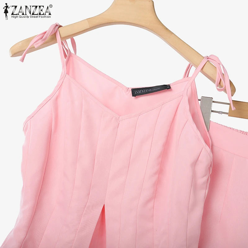 ZANZEA Women Stylish 2 Pieces Pant Sets Spaghetti Straps V-Neck Ruffled Camisole Tops & Wide Leg Pants 2pcs Suits Woman Outfits.