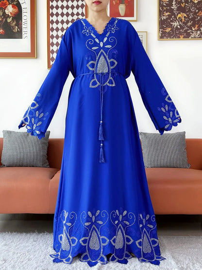 New 2025 Muslim Party Women Abaya Chiffon Diamond Long Sleeve Casual Clothing African Abaya Women Robe Dubai Turkey Islamic Robe.