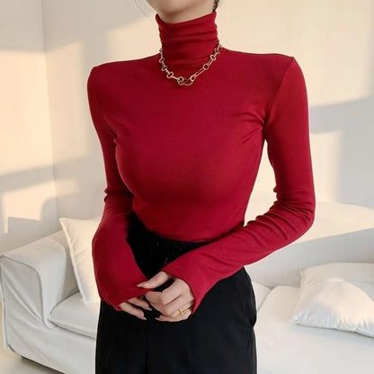 Simplicity Office Lady Autumn/Winter Women's Solid Turtleneck Pleated Temperament Fashion Slim Long Sleeve Bottoming Shirt Tops.