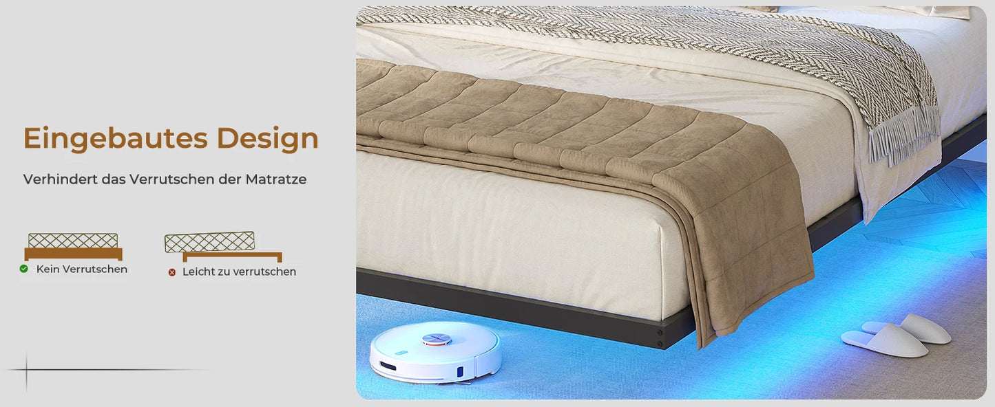 140 x 200 cm großes Polsterbett mit Doppelbettrahmen und LED-Beleuchtung und Ladestation. Kopfteil inklusive schwebendem Bettdesign