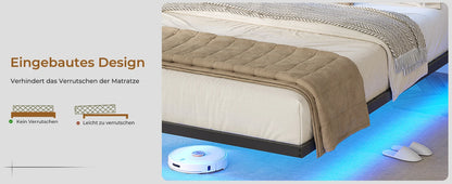 140 x 200 cm großes Polsterbett mit Doppelbettrahmen und LED-Beleuchtung und Ladestation. Kopfteil inklusive schwebendem Bettdesign