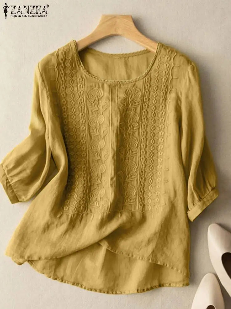 ZANZEA Elegant Women Embroidered Blouses Autumn 2024 3/4 Puff Sleeve Transparent Blusas Mujer Casual Vintage Cotton Shirts Tops.