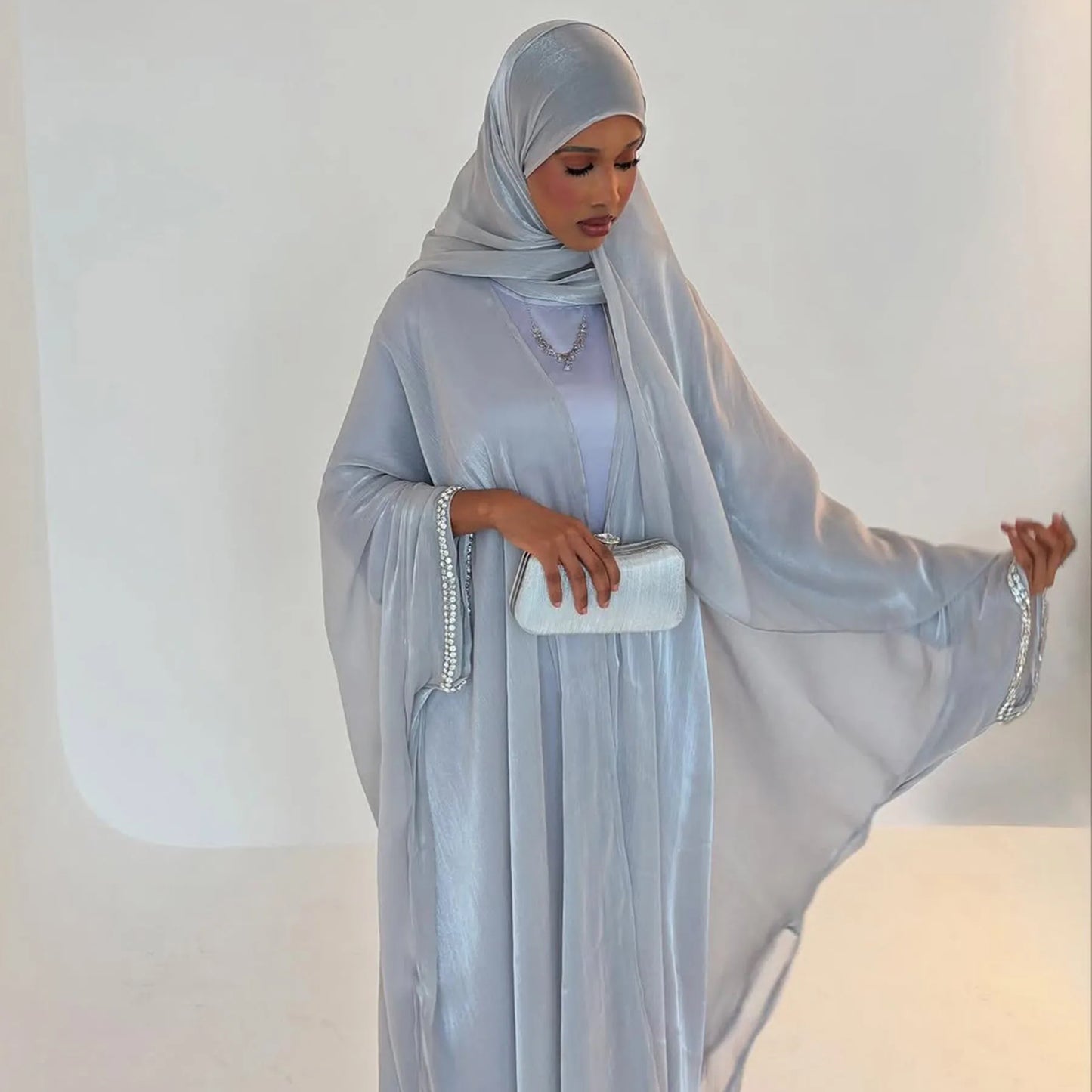 2025 New Abaya Set Shinny Dubai Abaya Cardigan Inner Dress Hijab 3pcs Set Islamic Clothing Women Abaya Muslim Dress.