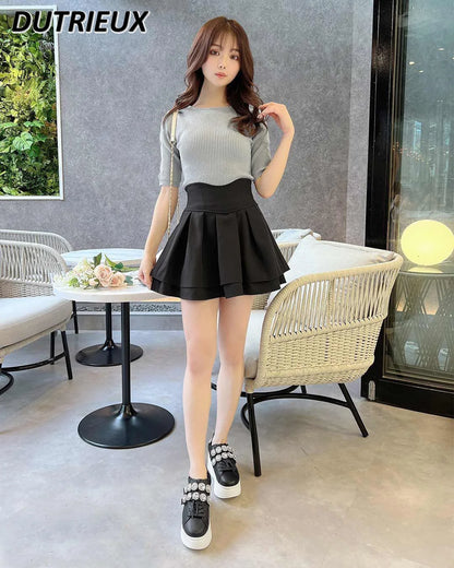 Japanese Lolita Black Skirts Women 2025 Spring Autumn New Radian Waistline Slim Short Pleated Skirt Female Mini Skirt Culottes.