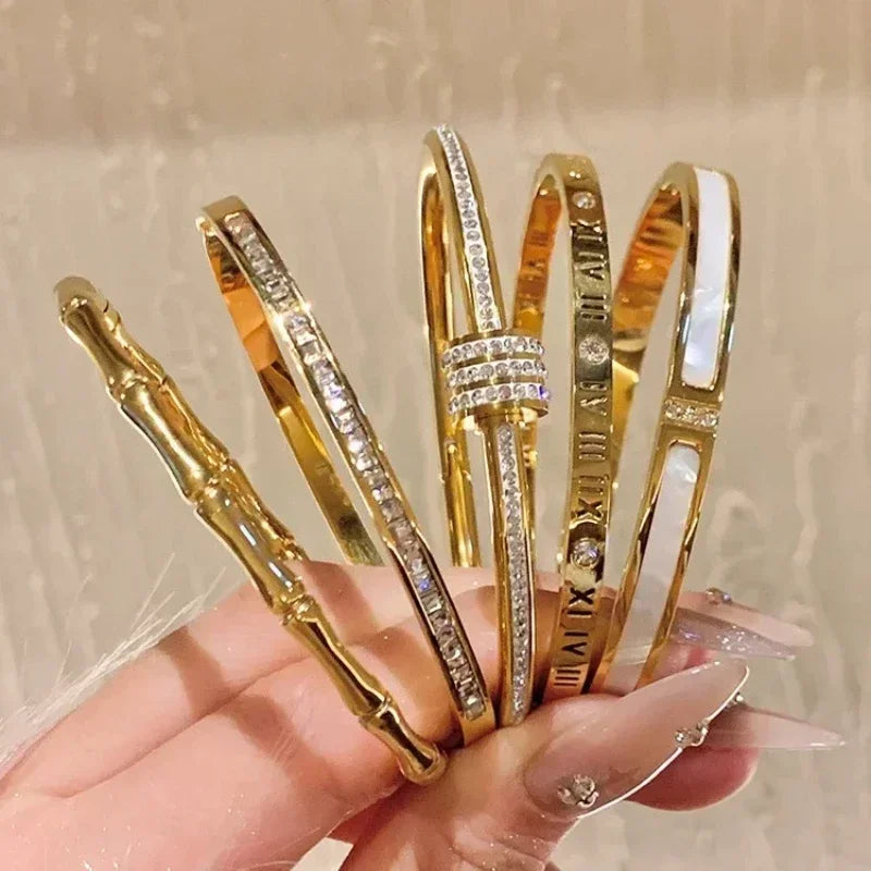 Titanium Steel Gold Silver Color Bangles for Women Girls Trend Waterproof Jewelry Luxury Sparkling Zircon Bracelet Bangle.