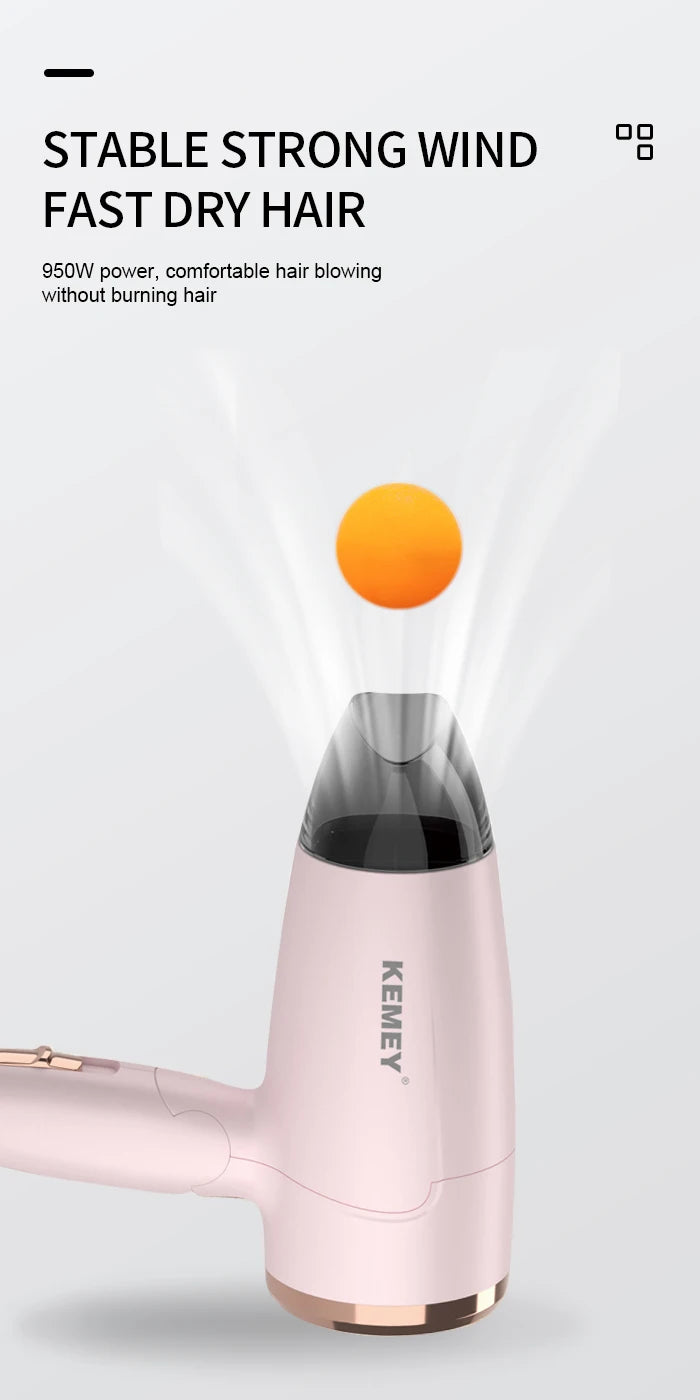 Kemei Portable Handle Compact Hair Dryer Foldable Low Noise Blower Dryer Hot Wind Long Life for Outdoor Travel 950W Student Use