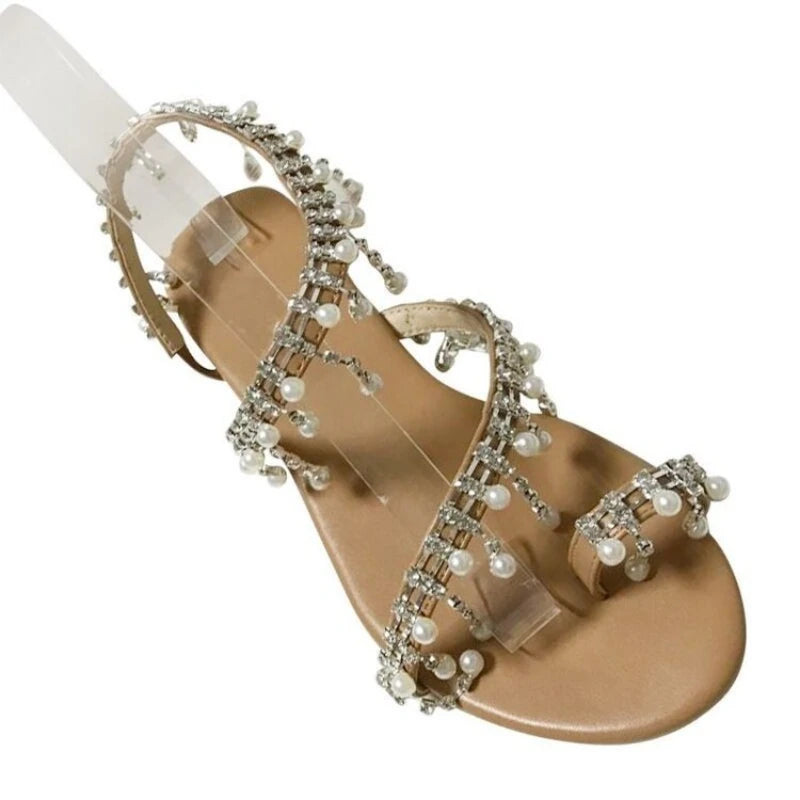 Women's Sandals Pearl Tassels Female Beach Shoes Open Toe Slip on Casual Sandals Fashion Non Slip Flat Womens Shoes Summer New.