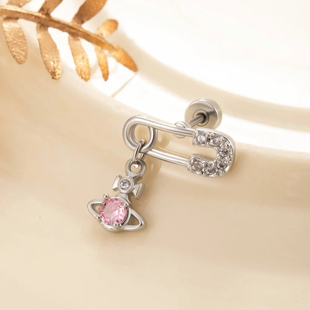 1 PCS Cute Pink Zircon Crystal Ear Bone Nail 316L Medical Titanium Steel Star Stud Earrings for Women Y2K Punk Piercing Jewelry