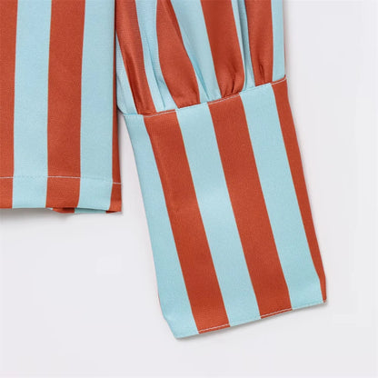 women's fashionable and versatile round neck long sleeved striped bubble sleeve temperament summer new top.