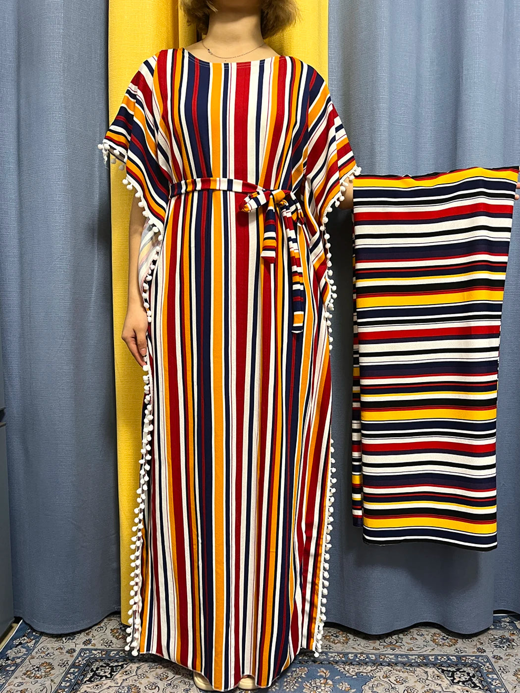 Abayas For Women 2024 Printed Vertical Stripe Tassels Elasticity Loose Fit Femme Robe African Woman Dresses With Belt Headscarf
