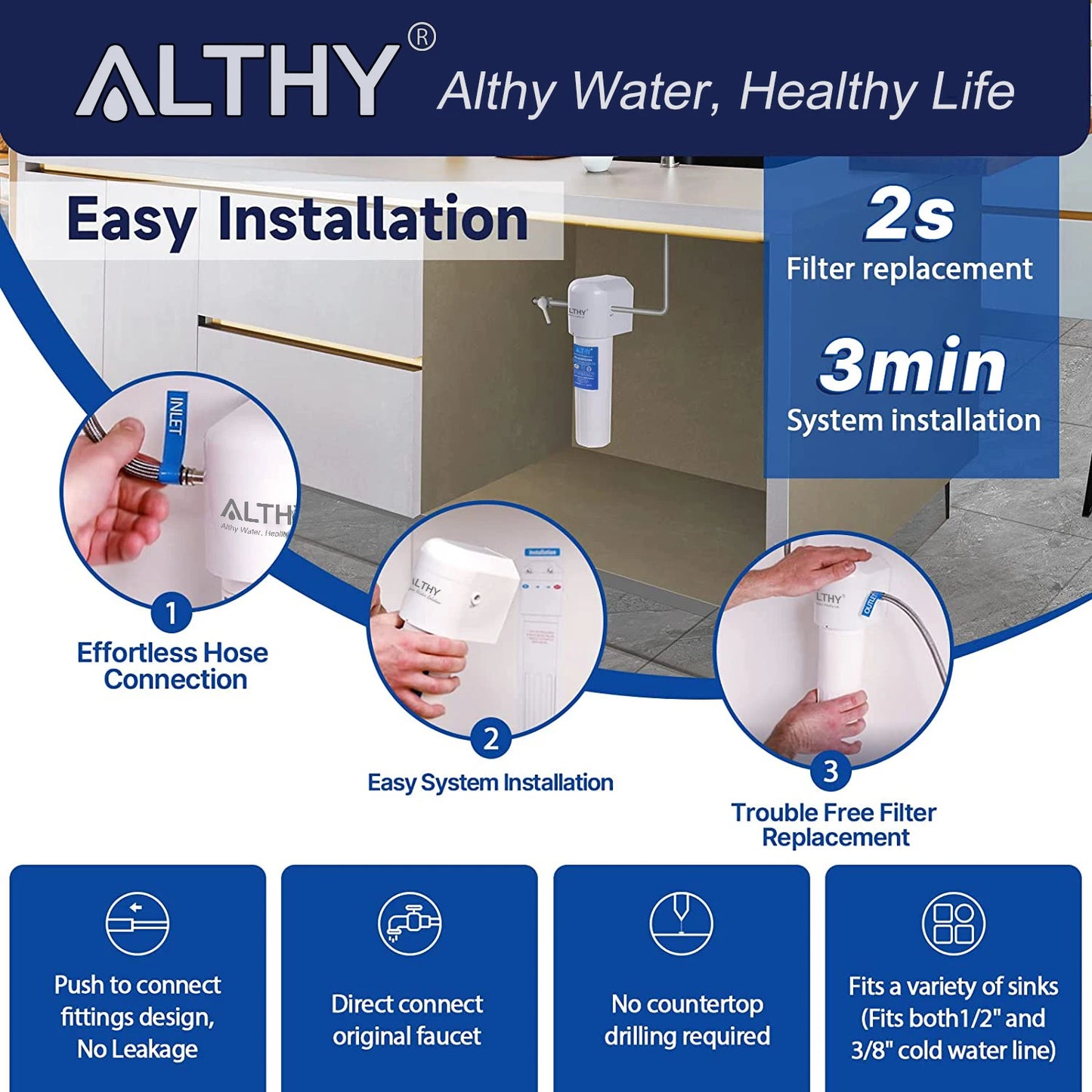 ALTHY Under Sink Drinking Water Filter Purifier -NSF/ANSI Certified Direct Connect Under Counter Drink Water Filtration System.