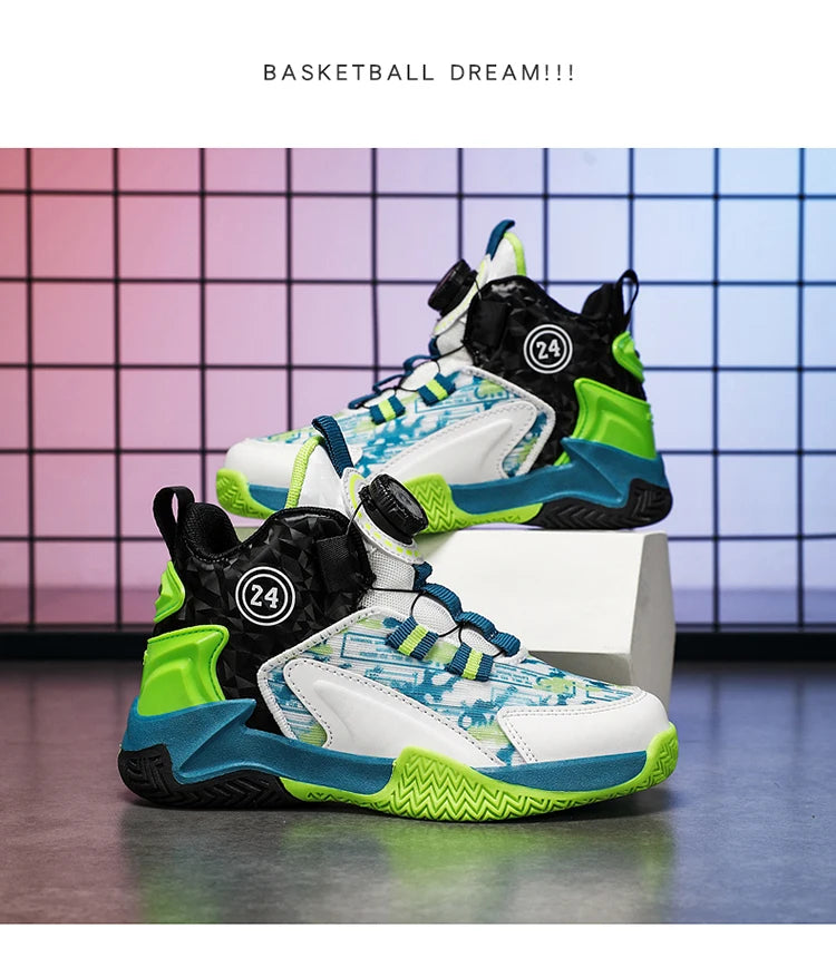 Children's Autumn New Rotary Buckle Mesh Breathable Basketball Shoes Boys Fashion Trend Sneaker Anti Slip Running Footwear 31-40.