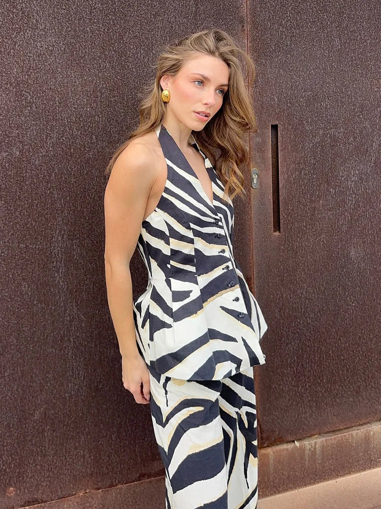 HH Women Pants Suit Fashion Zebra Stripes Single Breasted Sexy Sleeveless V-Neck Top+High Waist Zipper Casual Wide Leg Pants.
