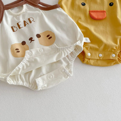 0–2 Jahre Baby-Strampler aus Baumwolle mit Tier-Cartoon-Motiv – bezaubernde Enten- und Bären-Designs – weich und bequem für Babykleidung