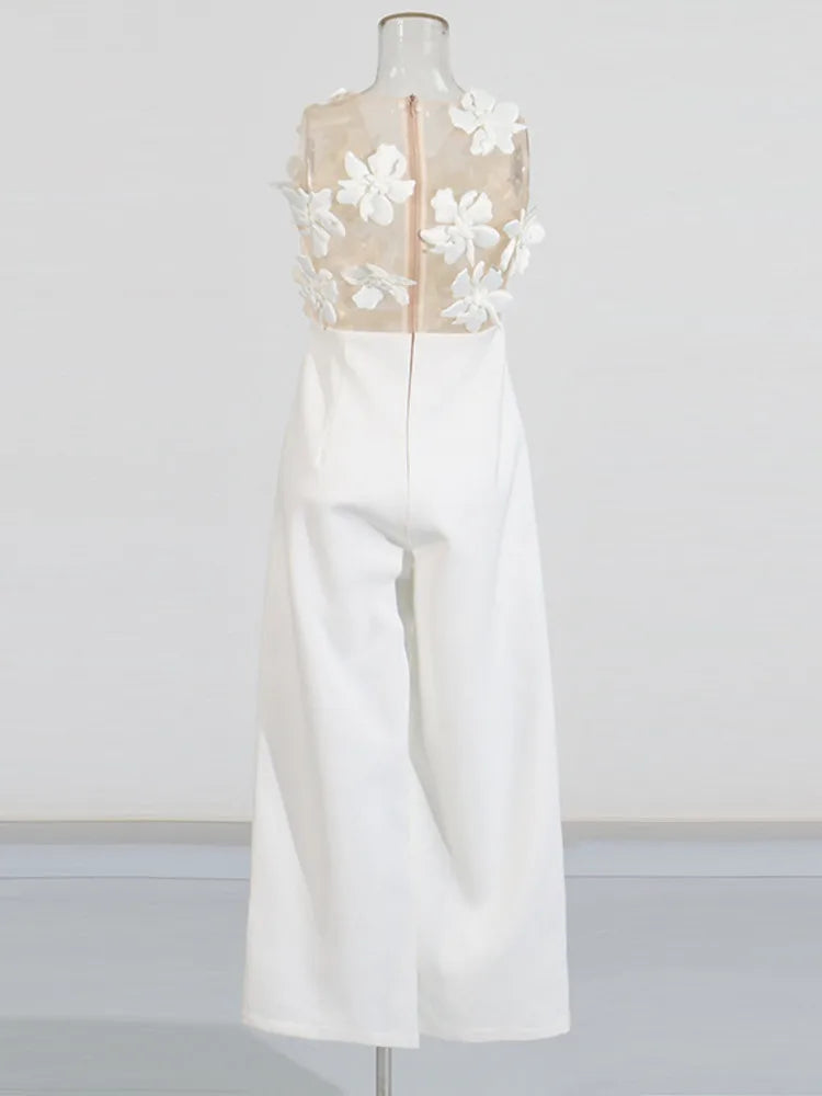 ZMEENNA Elegant White Floral Applique Jumpsuit For Women Sleeveless Wide Leg Romper With Sheer Mesh Top Perfect ZM726.