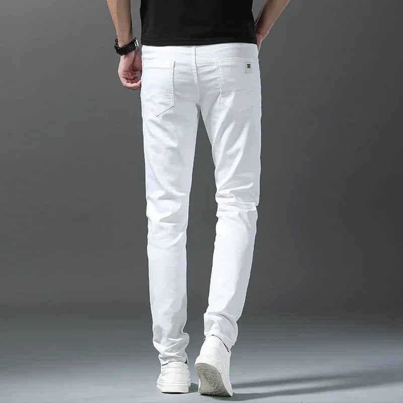 2025 Spring Summer New 98%Cotton Men's Slim Jeans Straight Casual Fashion Pencil Pants High Quality Trousers Male Clothes White.