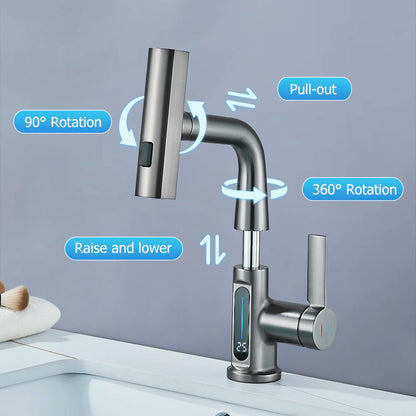 Waterfall Temperature Digital Display Basin Faucet Lift Up Down Stream Sprayer Hot Cold Water Sink Mixer Wash Tap For Bathroom